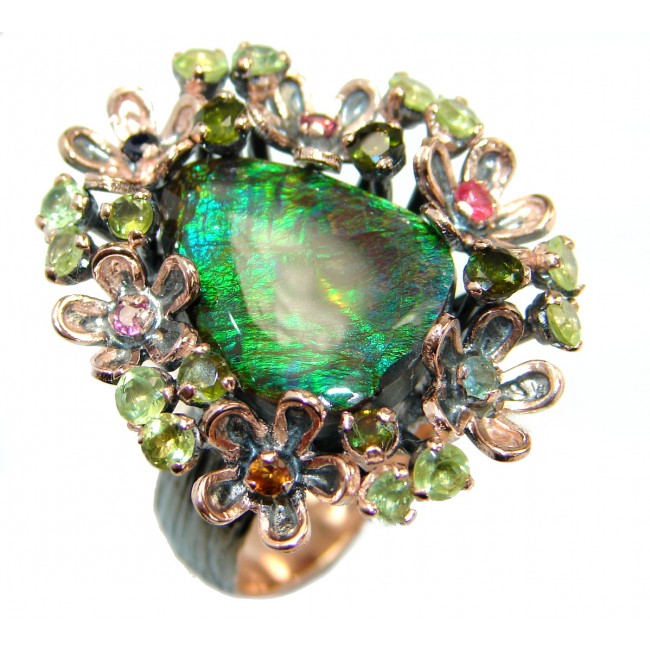 Large Genuine Canadian Ammolite Rose Gold over .925 Sterling Silver handmade ring s. 7 adjustable