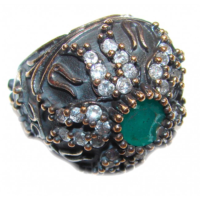 Victorian Style created Emerald & White Topaz Sterling Silver Ring s. 6