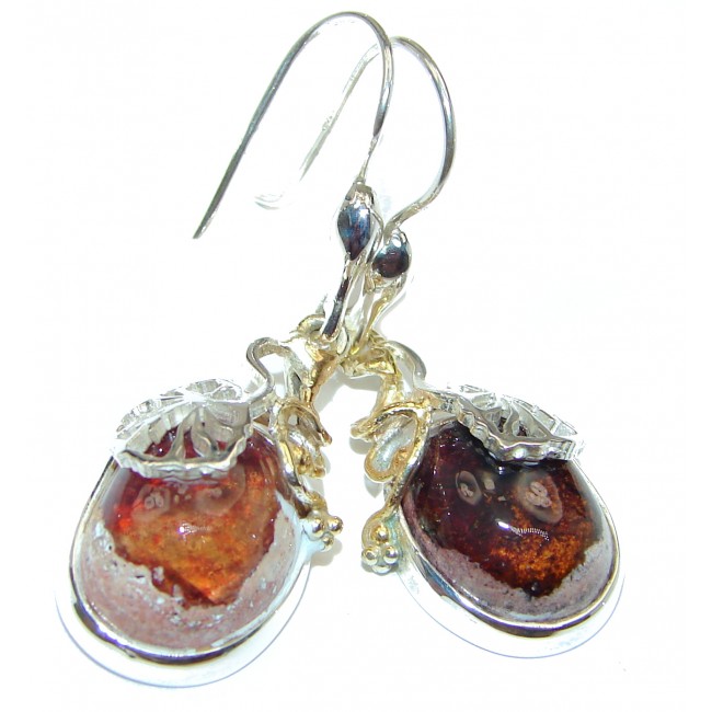 Rustic Design authentic Mexican Fire Opal 14K Gold over .925 Sterling Silver handcrafted earrings