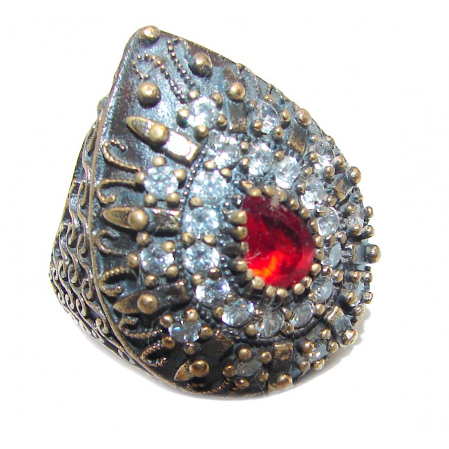 Large Victorian Style created Ruby & White Topaz Sterling Silver ring; s. 7