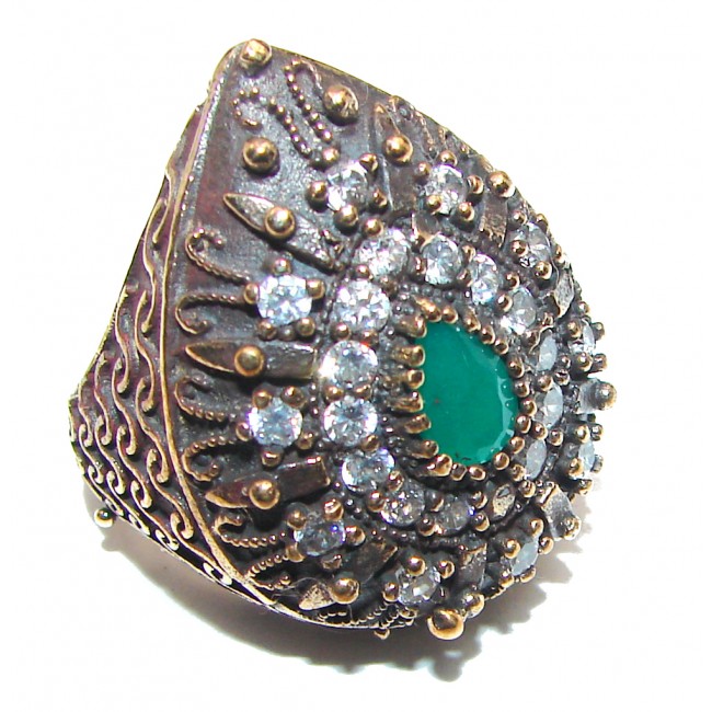 Victorian Style created Emerald & White Topaz Copper over Sterling Silver ring; s. 7 1/2