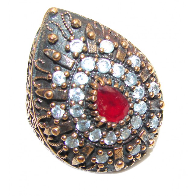 Large Victorian Style created Ruby & White Topaz Sterling Silver ring; s. 6