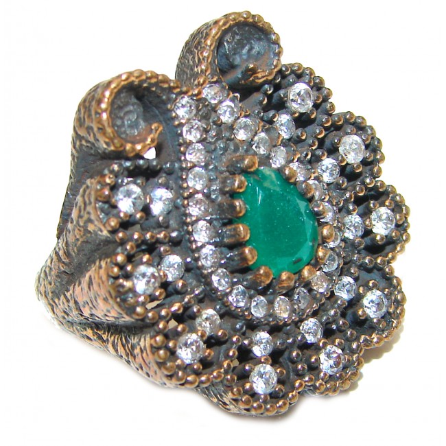 Victorian Style created Emerald & White Topaz Copper over Sterling Silver ring; s. 6 1/2