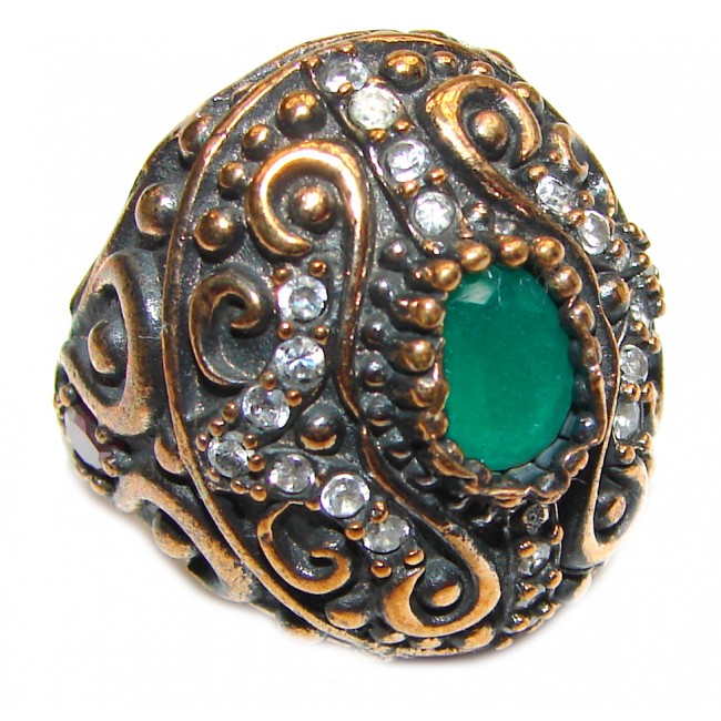 Victorian Style created Emerald & White Topaz Copper over Sterling Silver ring; s. 7