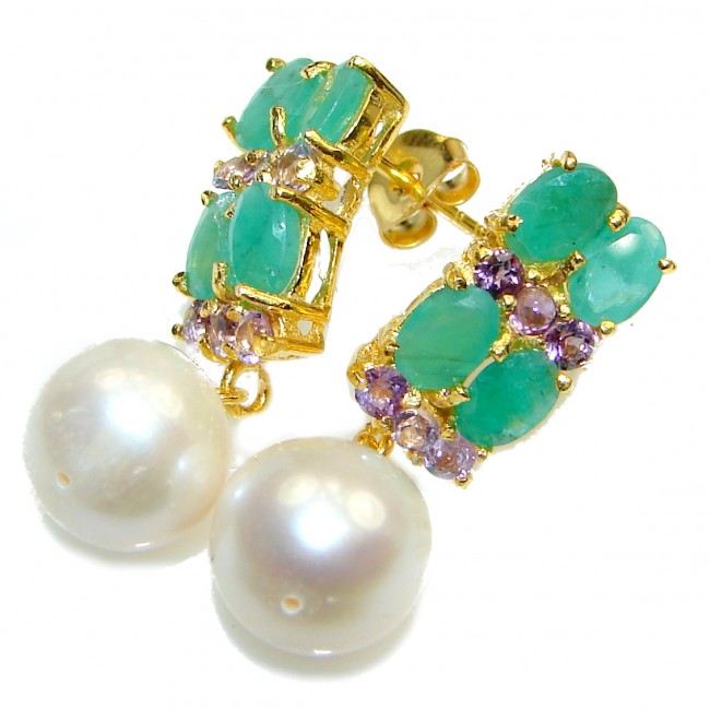 Precious genuine Pearl Emerald .925 Sterling Silver earrings