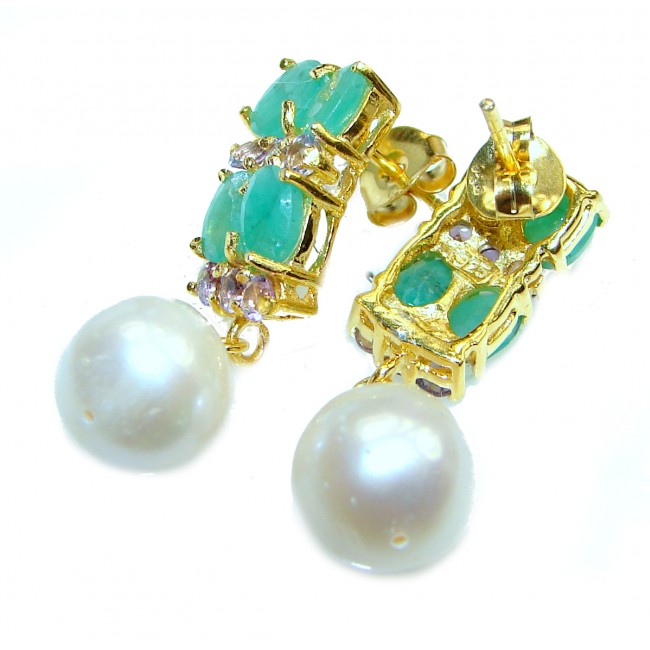 Precious genuine Pearl Emerald .925 Sterling Silver earrings