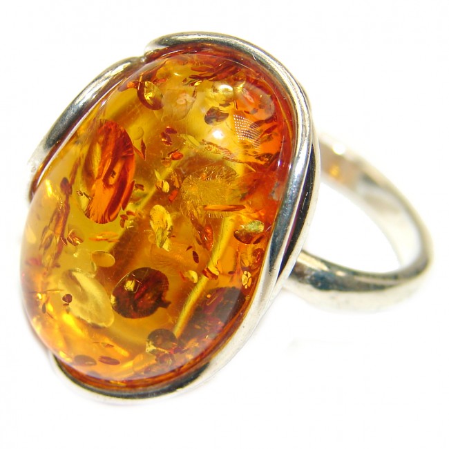 Vintage Design Genuine Polish Amber .925 Sterling Silver handmade LARGE ring size 7 adjustable