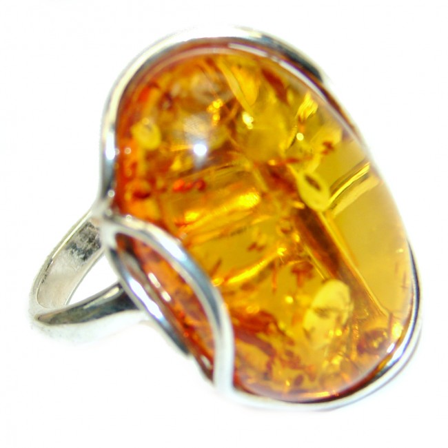 Vintage Design Genuine Polish Amber .925 Sterling Silver handmade LARGE ring size 7 adjustable