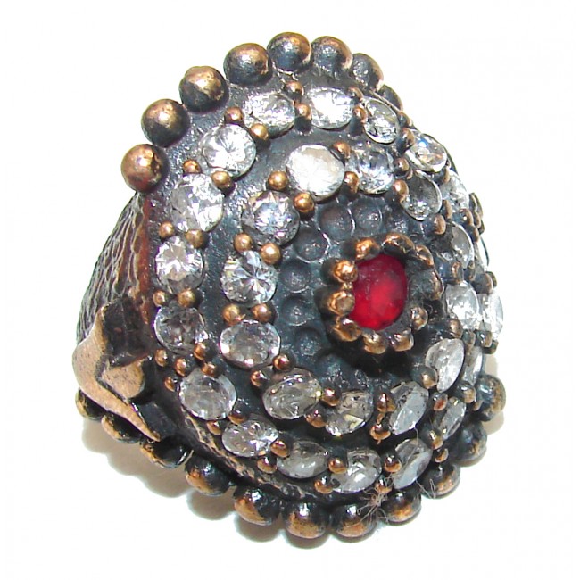 Victorian Style created Ruby & White Topaz Copper over Sterling Silver ring; s. 6