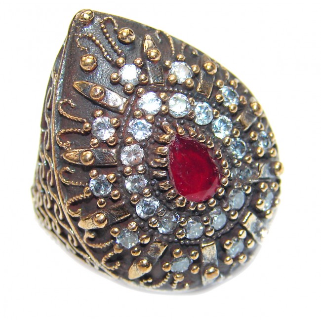 Victorian Style created Ruby & White Topaz Copper over Sterling Silver ring; s. 6