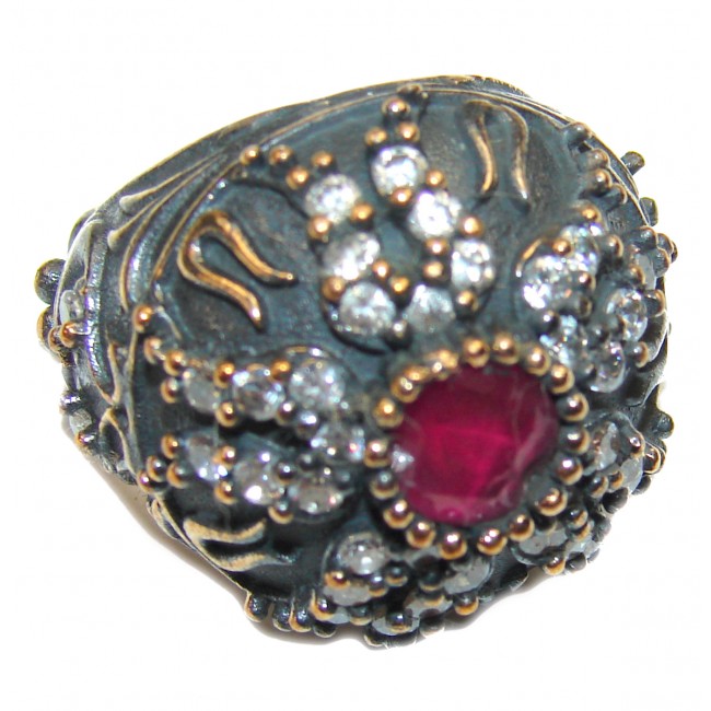 Victorian Style created Ruby & White Topaz Copper over Sterling Silver ring; s. 6 1/4