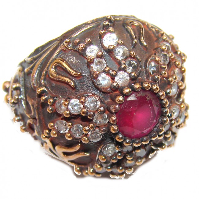 Victorian Style created Ruby & White Topaz Copper over Sterling Silver ring; s. 6