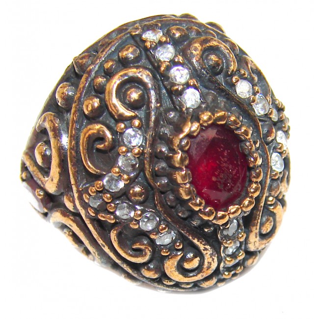 Victorian Style created Ruby & White Topaz Copper over Sterling Silver ring; s. 6