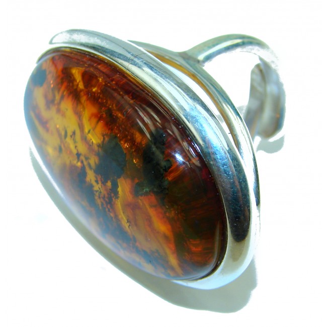 Large Authentic Baltic Amber .925 Sterling Silver handcrafted ring; s. 7 adjustable