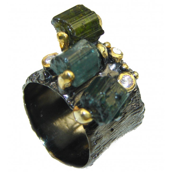 Authentic Rough Green Tourmaline over 2 tones .925 Sterling Silver Ring size 7 1/2