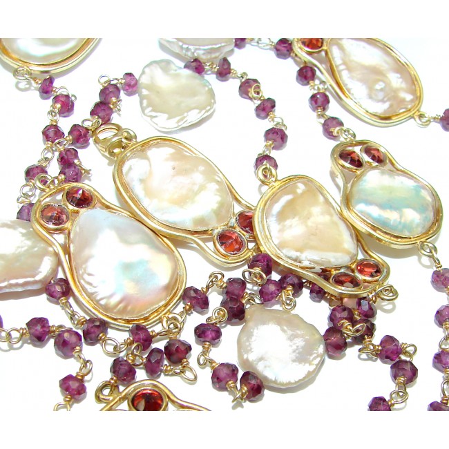 Long 44 inches genuine Mother of Pearl Garnet 14 Gold over .925 Sterling Silver handcrafted Necklace