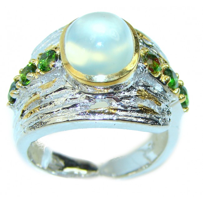 Natural Prehnite 2 tones .925 Sterling Silver handmade ring s. 8 adjustable