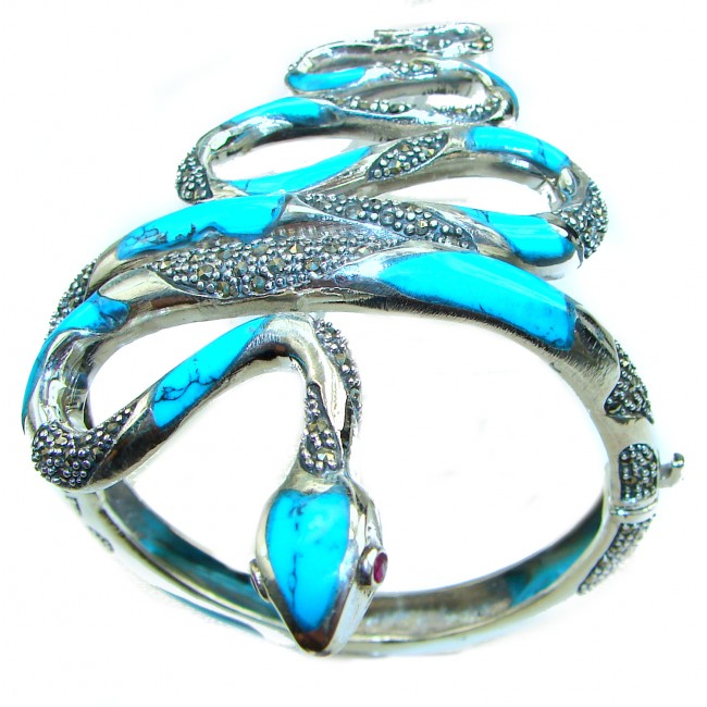 Large Blue Snake Genuine inlay Turquoise Marcasite .925 Sterling Silver  handmade Bracelet Bangle