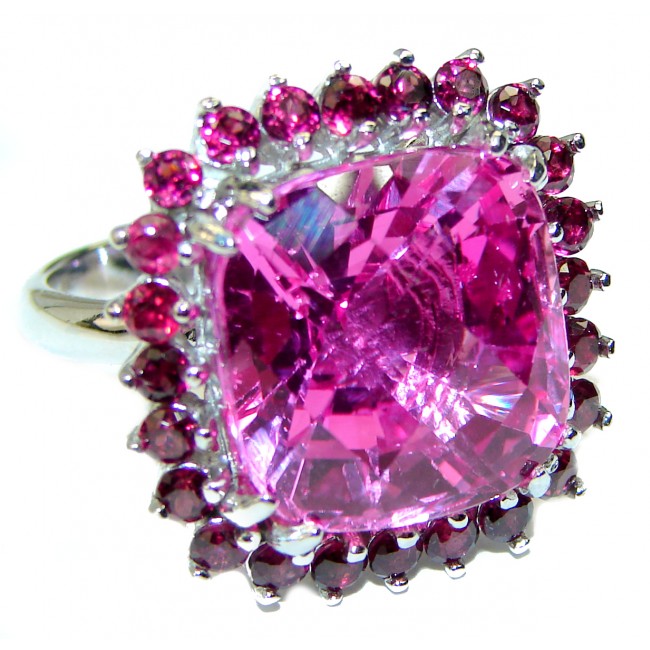 27.5 carat Really Hot Pink Topaz .925 Silver handcrafted Huge Cocktail Ring s. 7 3/4