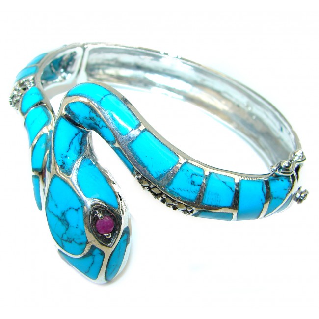 Large Blue Snake Genuine inlay Turquoise Marcasite .925 Sterling Silver  handmade Bracelet Bangle