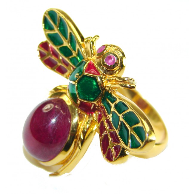 Lucky Bee Enamel Ruby 18K Gold over .925 Sterling Silver Huge handcrafted Ring s. 8 1/4