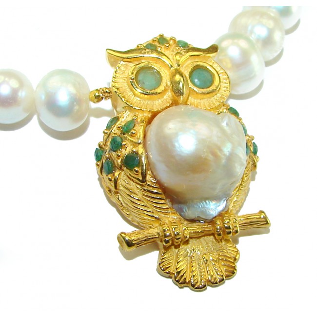 Precious Owl genuine Emerald Pearl 14K Gold over .925 Sterling Silver handcrafted Necklace
