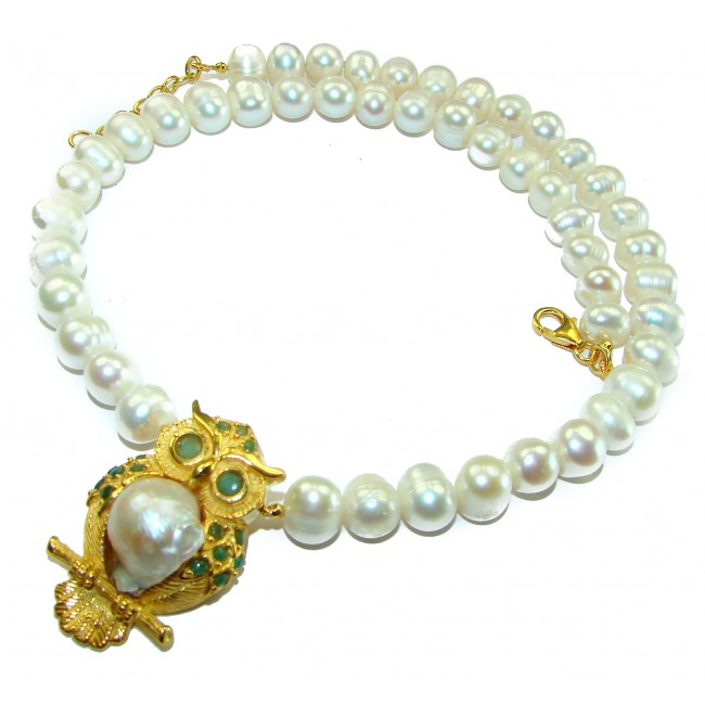 Precious Owl genuine Emerald Pearl 14K Gold over .925 Sterling Silver handcrafted Necklace