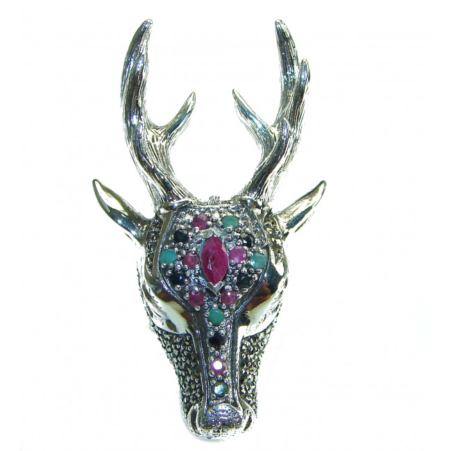 Large Deer Head Authentic Ruby .925 Sterling Silver handmade Ring size 7