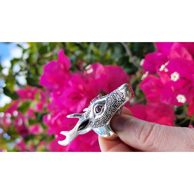 Large Deer Head Authentic Ruby .925 Sterling Silver handmade Ring size 7