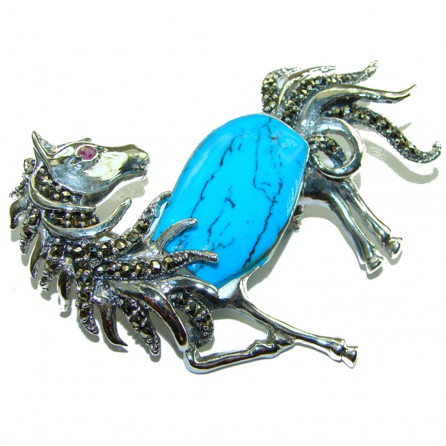 Blue Horse Excellent inlay Turquoise .925 Sterling Silver handcrafted Pendant Brooch