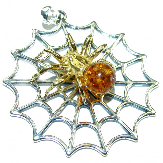 Fabulous Spider's Web Prehistoric Baltic Amber .925 Sterling Silver handcrafted pendant