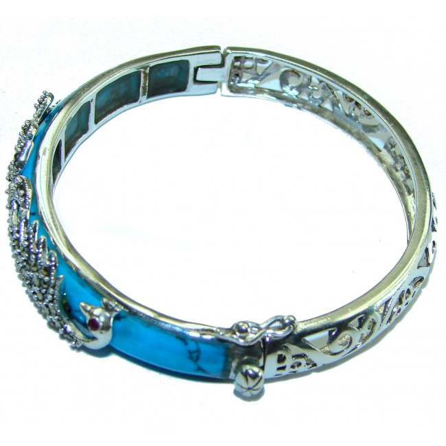 Precious Peacock Turquoise Marcasite Sterling Silver Luxury Bracelet