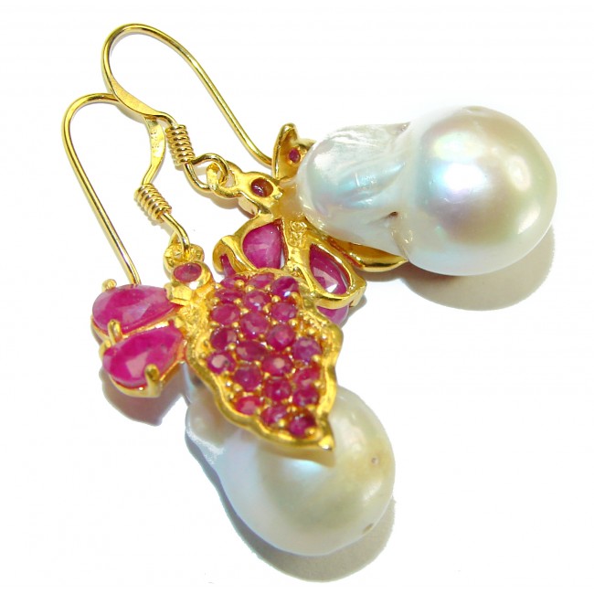 Precious genuine Mother of Pearl Ruby Gold over .925 Sterling Silver earrings