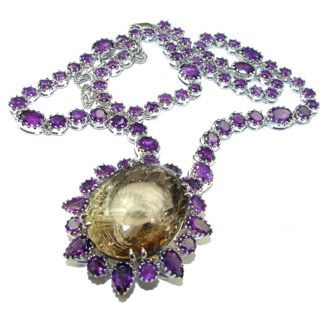 Outstanding carved Smoky Topaz Amethyst .925 Sterling Silver handcrafted Statement necklace