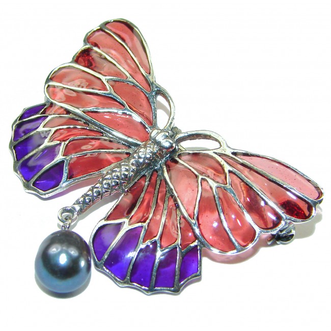Colorful Butterfly Enamel .925 Sterling Silver handcrafted Pendant Brooch