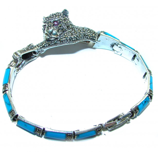 Precious Panthere inlay Turquoise Ruby Marcasite Sterling Silver Luxury Bracelet
