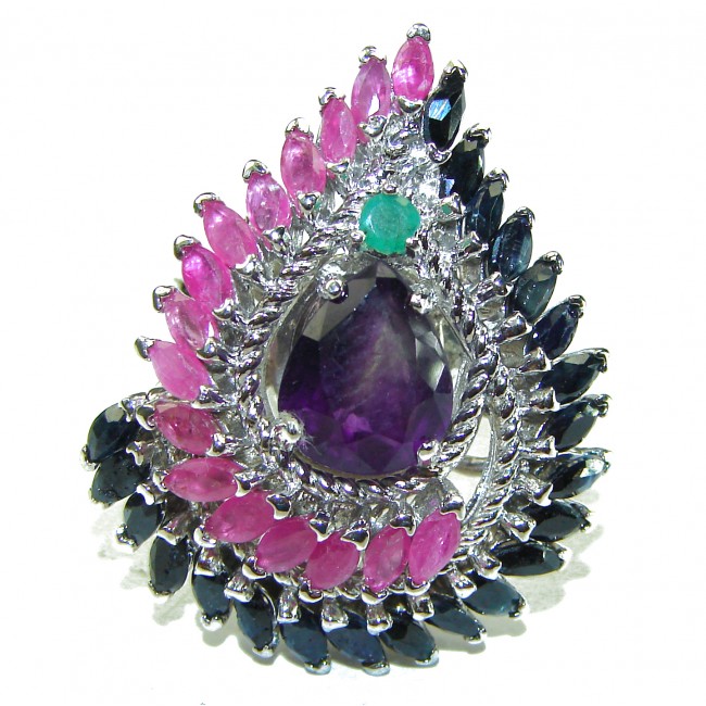 Anushka Amethyst Ruby Emerald Sapphire .925 Sterling Silver handcrafted ring size 8