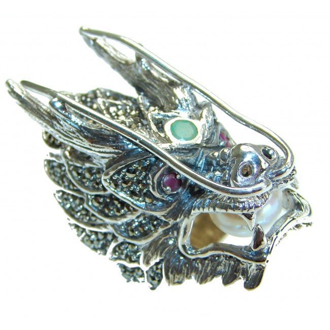 Large 36.8 grams Marcasite Pearl Dragon's Head oxidized . 925 Sterling Silver Ring s. 7 3/4