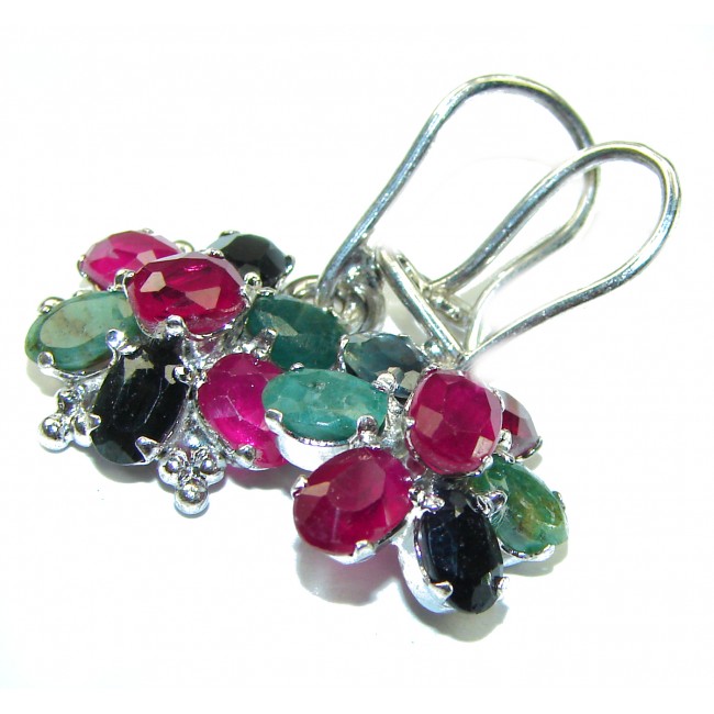 Precious genuine Ruby Emerald Sapphire .925 Sterling Silver earrings