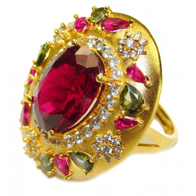 Byzantine design Authentic Red Topaz 14K Gold over .925 Sterling Silver handmade Large Ring s. 8