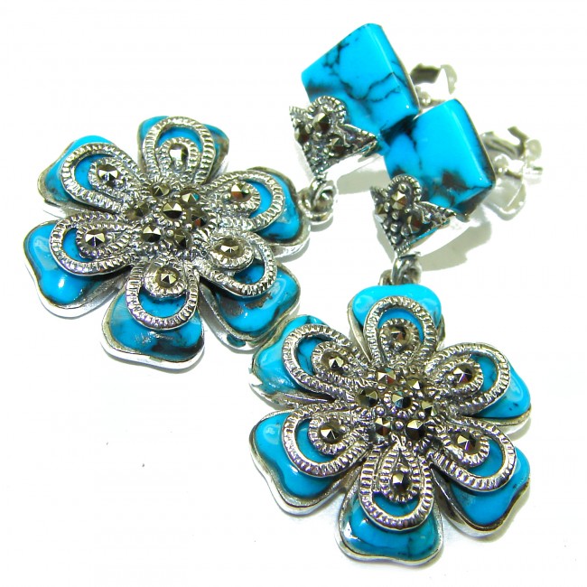One of a kind Precious natural Turquoise .925 Sterling Silver handcrafted Earrings