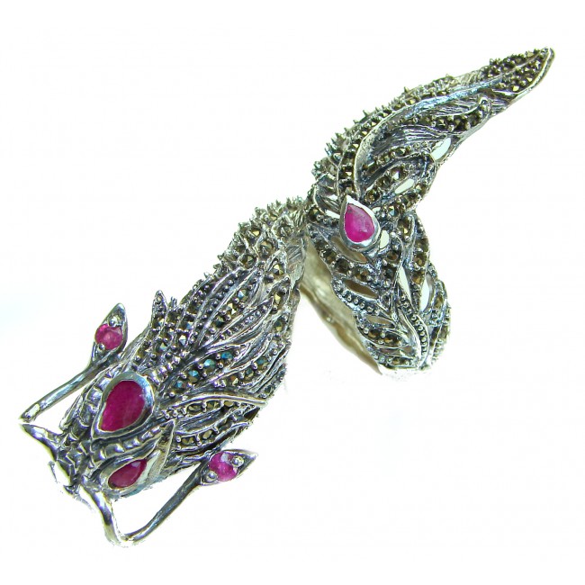 Large 21.8 grams Marcasite Ruby Dragon's Head . 925 Sterling Silver Ring s. 7