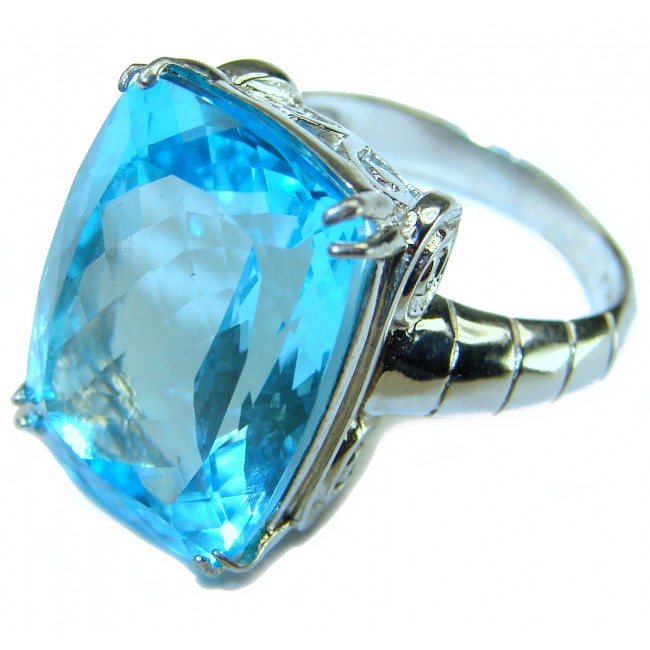 29.8 carat emerald cut Swiss Blue Topaz .925 Sterling Silver handmade Ring size 8 1/4