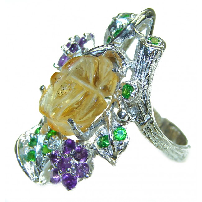 Luxurious Natural carved Citrine .925 Sterling Silver handmade Large Cocktail Ring size 7