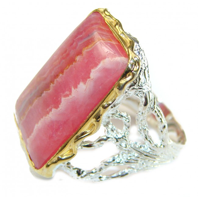 Authentic Argentinian Rhodochrosite 14K Gold over .925 Sterling Silver handmade ring size 7 1/2