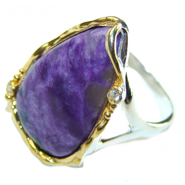 Natural Siberian Charoite 2 tones .925 Sterling Silver handcrafted ring size 8