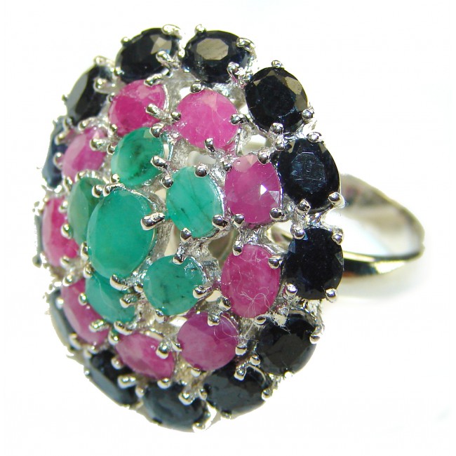 Bright Creation Emerald Sapphire Ruby .925 Sterling Silver handmade Ring size 8 3/4