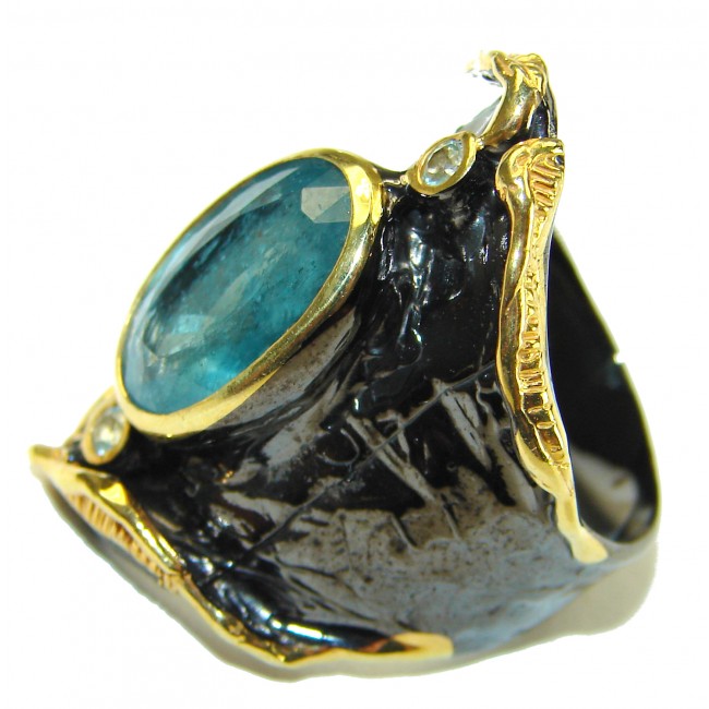 Unique Design design Apatite black rhodium and 14K Gold over .925 Sterling Silver handmade ring s. 8 1/2