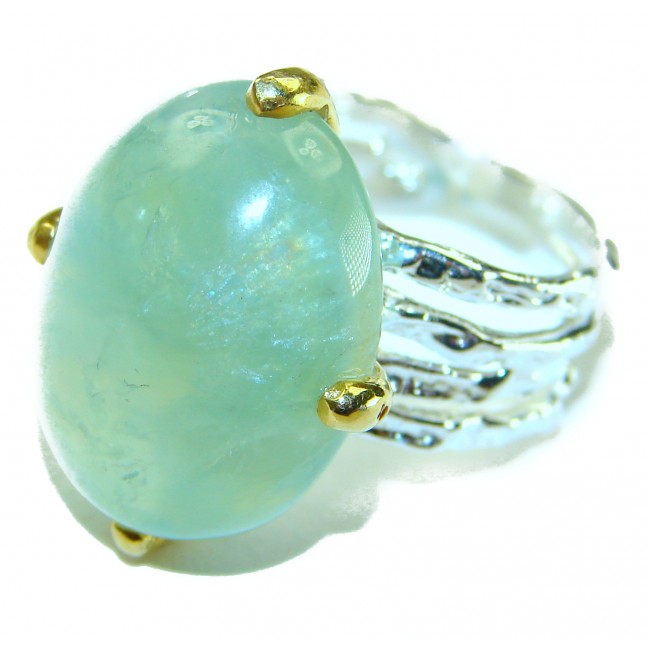 Peaceful mind Natural Moss Prehnite 2 tones .925 Sterling Silver handmade ring s. 9