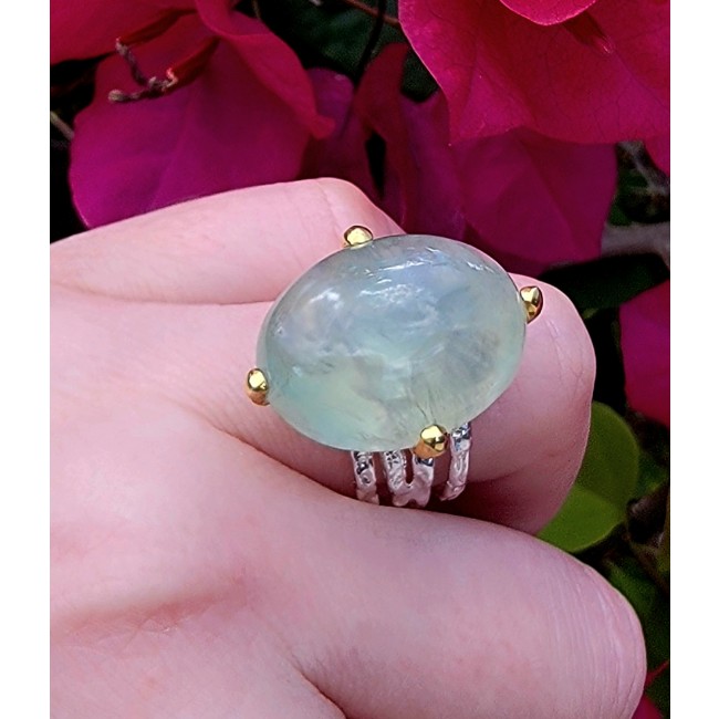 Peaceful mind Natural Moss Prehnite 2 tones .925 Sterling Silver handmade ring s. 9